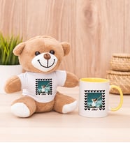Kişiye Özel Kalp Detaylı Fotoğraflı  Peluş Ayı ve Sarı Kupa