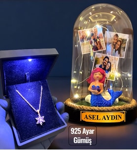 Işıklı Kutuda 925 Ayar Gümüş Lotus Kolye ve Size Özel Led Işıklı Fanus - Premium Set (Model 7)
