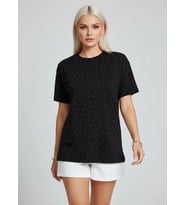 26047 %100 Pamuk Kadın Bisiklet Yaka Taş İşleme Oversize Penye Bluz