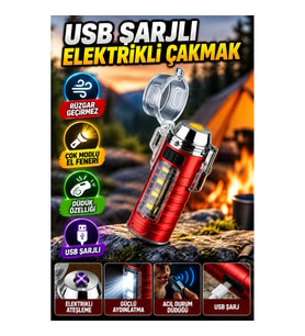 USB Şarjlı Elektrikli Çakmak – Rüzgar Geçirmez Ateşleme, Çok Modlu El Feneri ve Düdük
