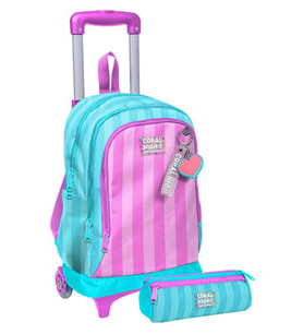 Coral High Işıklı Tekerlekli Kız Çocuk, Turkuaz Pembe Çizgili Baskılı, İlkokul Çekçek Çanta ve Kalemlik Seti