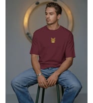 Erkek Sarman Kedi Baskılı Oversize Tişört – Minimal Turuncu Kedi Tasarım (Bordo)