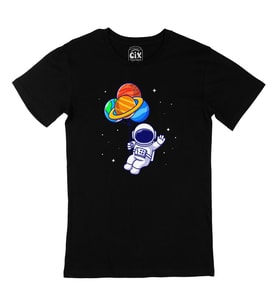 Gezegen Balonlu Astronot Siyah Tişört