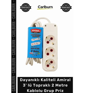#Priz Amiral Beyaz Dayanıklı Kaliteli Güvenli Çoklu 3' lü Topraklı 2 Metre Kablolu Grup Priz
