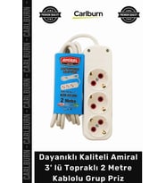 #Priz Amiral Beyaz Dayanıklı Kaliteli Güvenli Çoklu 3' lü Topraklı 2 Metre Kablolu Grup Priz