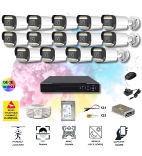 14 Kameralı Set - Yapay Zeka Özellikli Gece Renkli Gösteren 5MP SONY Lensli 12 Warm Ledli FULLHD Güvenlik Kamerası Seti 312W-116