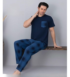 Pijamoni Erkek Bisiklet Yaka Kısa Kol İnce Pijama Takımı 6163/5 - 1 Adet (Lacivert)