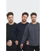 Erkek Siyah-Lacivert-Antrasit Bisiklet Yaka Nakış Detaylı Regular Fit 3'Lü Sweatshirt