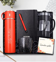 Kişiye Özel 580 ML Bardaklı Kırmızı Çelik Termos & Siyah Defter & Kırmızı Roller Kalem & Siyah French Press & Siyah Yıldız Kupa Hediye Seti