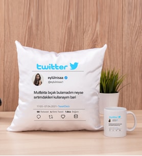 Kişiye Özel Twitter Tasarım Fotoğraflı Kare Yastık ve Beyaz Kupa