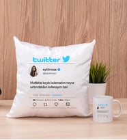 Kişiye Özel Twitter Tasarım Fotoğraflı Kare Yastık ve Beyaz Kupa