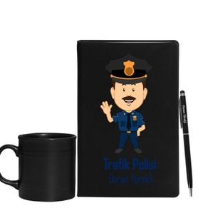 Kişiye Özel Trafik Polisi Tasarımlı Siyah Defter Kalem & Varil Kupa Hediye Seti