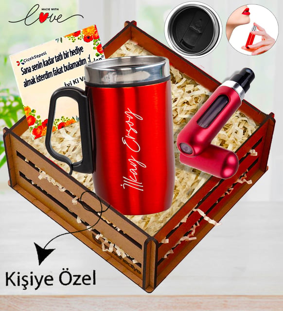 Kişiye Özel Kırmızı Metal Termos & Parfüm Atomizeri Sevgiliye Premium Ahşap Kasalı Hediye Seti