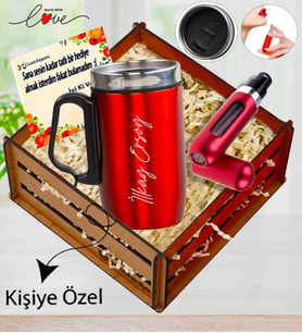Kişiye Özel Kırmızı Metal Termos & Parfüm Atomizeri Sevgiliye Premium Ahşap Kasalı Hediye Seti