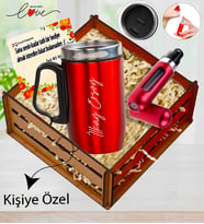 Kişiye Özel Kırmızı Metal Termos & Parfüm Atomizeri Sevgiliye Premium Ahşap Kasalı Hediye Seti