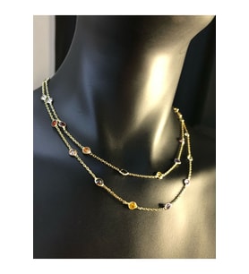 Gümüş Kolye - Mix Renkli Zirconia Taşlı Uzun Boy 70 Cm Gold Renk 925 Ayar Gümüş Kadın Kolye