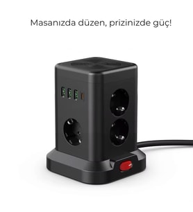 3 USB-A + 1 Type-C Çıkışlı Kule Tipi Çoklu Priz – Akım Korumalı, Tek Tuş Kontrollü Şık Tasarım