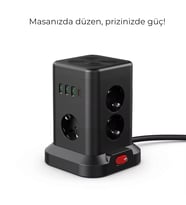 3 USB-A + 1 Type-C Çıkışlı Kule Tipi Çoklu Priz – Akım Korumalı, Tek Tuş Kontrollü Şık Tasarım
