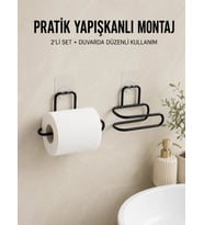 2 Adet Yapışkanlı Wc Kağıtlık Siyah Metal Pratik Duvar Tipi Rulo Tutucu