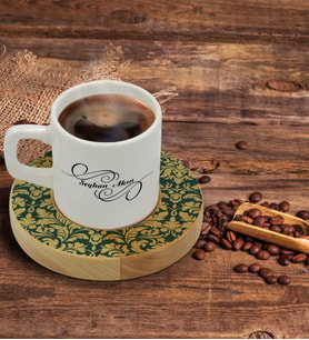 BK Gift Kişiye Özel Retro Motif Tasarımlı Doğal Ahşap Tabaklı Türk Kahvesi Fincanı Model 8