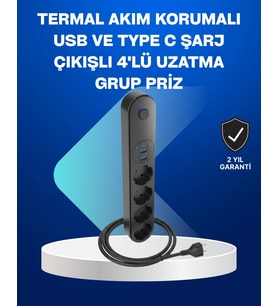 Akıllı Akım Dengelemeli 4’lü Çoklu Priz Type-c Ve Usb Çıkışlı