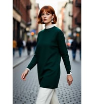 Kadın Regular Kalıp Bisiklet Yaka Düşük Kol Dantel İnci Detaylı Triko Pike Dokuma Tunik Kazak Modeli