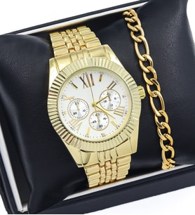 Spectrum Michael Kors Tarzı Gold Renk Metal Kordon Erkek Kol Saati & Gold Renk Çelik Bileklik Hediye Seti