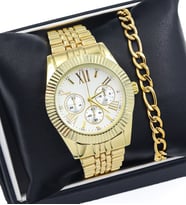 Spectrum Michael Kors Tarzı Gold Renk Metal Kordon Erkek Kol Saati & Gold Renk Çelik Bileklik Hediye Seti