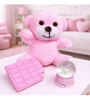 Pembe Peluş Ayıcık, Kar Küresi Ve Pembe Çikolata Not Defteri Hediye Seti