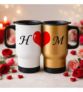 BK Gift Kişiye Özel Sevgili Çift Tasarımlı 2’li Kulplu Beyaz&Gold Çelik Termos Mug 450 ml -8, Sevgiliye Hediye, Sevgililer Günü Hediyesi