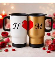 BK Gift Kişiye Özel Sevgili Çift Tasarımlı 2’li Kulplu Beyaz&Gold Çelik Termos Mug 450 ml -8, Sevgiliye Hediye, Sevgililer Günü Hediyesi