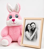 Peluş Pembe Tavşan ve Kişiye Özel Karakalem Fotoğraflı Ahşap Çerçeve Hediye Seti
