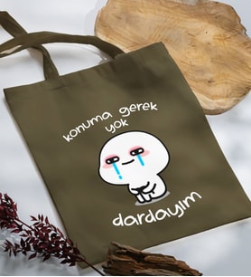BK Gift Dardayım Tasarımlı Haki Kumaş Bez Çanta, Baskılı Omuz Çantası, Alışveriş Çantası, Arkadaşa Hediye-1