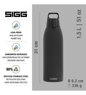 Yalıtımlı içecek şişesi – termos Shield Therm One Black – gazlı içecekler – sızdırmaz – bulaşık makinesinde yıkanabilir – BPA içermez –%90 geri dönüştürülmüş paslanmaz çelik – siyah – 1,5 l