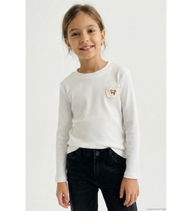 Breeze Kız Çocuk Uzun Kollu Tişört Arma Detaylı Düz Renk 5-10 Yaş, Ekru