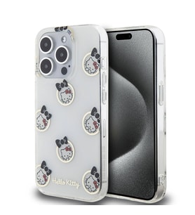 Apple iPhone 15 Pro Uyumlu Kılıf Hello Kitty Orjinal Lisanslı Elektroplating Kaplama Kabarcık Baskılı Kapak (Beyaz)