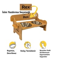RealWood Özel İsim Baskılı, Ahşap, Kademeli, Eğimli, Çelik Kaseli, Kedi-Köpek Mama ve Su Kabı Stantı (Çam)