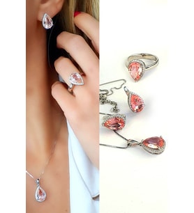 sky Diamond Pink Morganit Taşlı 925ayar Gümüş Lüks Damla Set Takım yüzük