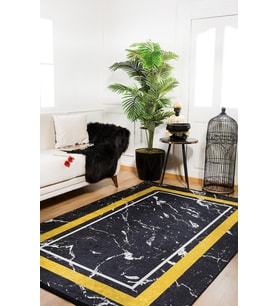 Siyah Altın Mermer Efektli Çerçeveli Modern Kaymaz Taban Makinede Yıkanabilir Salon Halısı Dijital Baskı