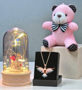 Renkli Anka Kuşu Kolye, Peluş Anahtarlık ve Led Işıklı Fanus Premium Hediye Seti (Model 2)