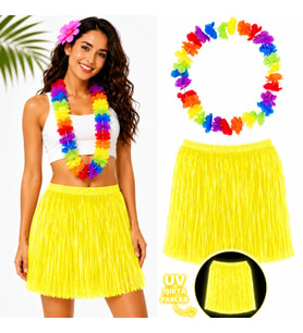 Neon Sarı Hawaii Etek 40 cm ve Rengarenk Hawaii Kolye