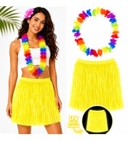Neon Sarı Hawaii Etek 40 cm ve Rengarenk Hawaii Kolye