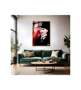 Atatürk ve Bayrak Metal Çerçeveli Cam Tablo Dikey Duvar Tablosu Ofis Ev Dekoru Atatürk Portresi (Altın)