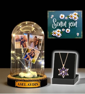 Size Özel İsimli ve 3 Fotoğraflı Işıklı Fanus ve Gerçek Ametist Taşlı Lotus Kolye