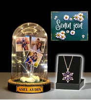 Size Özel İsimli ve 3 Fotoğraflı Işıklı Fanus ve Gerçek Ametist Taşlı Lotus Kolye