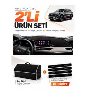 CHERY TİGGO 7 (2018-2024) Uyumlu Torpido Örtüsü + Tay Tüyü Bagaj Çantası + Sticker Seti - Siyah Gri