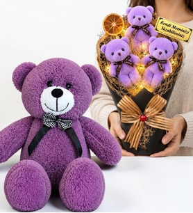 Kişiye Özel Led Işıklı Peluş Ayıcık Buketi ve 50 cm Büyük Boy Mor Peluş Ayıcık Hediye Seti