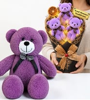 Kişiye Özel Led Işıklı Peluş Ayıcık Buketi ve 50 cm Büyük Boy Mor Peluş Ayıcık Hediye Seti