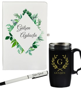 Kişiye Özel Şık Yaprak Tasarımlı Hediye Defter Kalem Ve Siyah Termos Mug Seti
