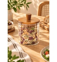 Atbyhome Akasya Ahşap Kapaklı Çizgili Cam Kavanoz 600 ml - Vakumlu Erzak Ve Baharat Kabı